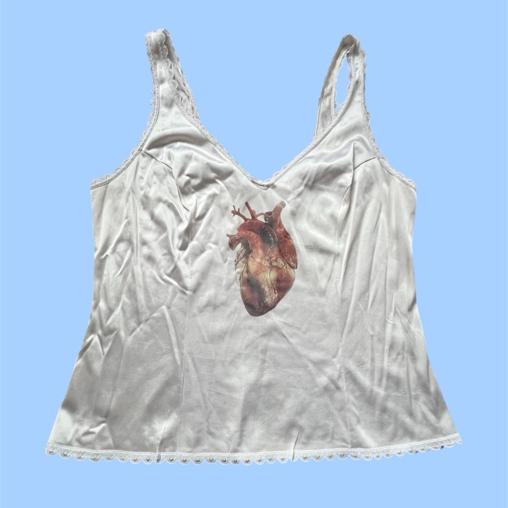 White Anatomical Heart Printed Slip Top